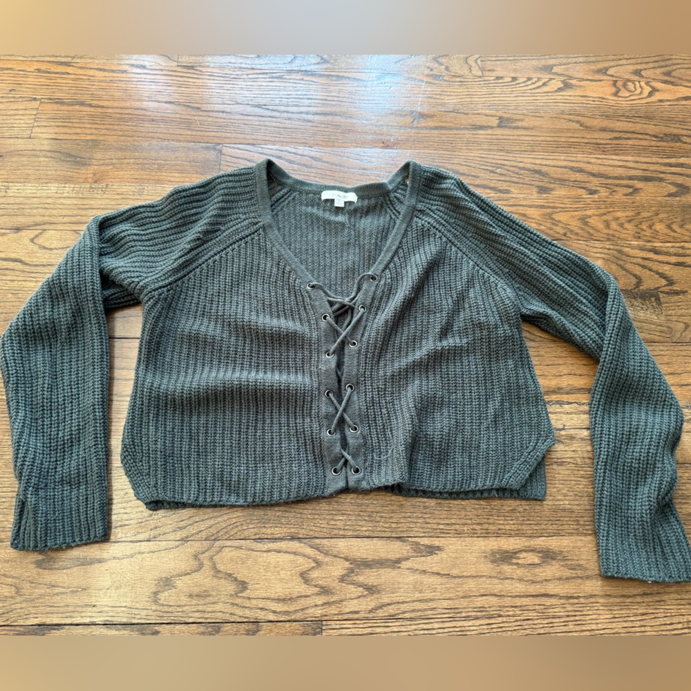 Active USA Olive Lace Up Waffle Knit Sweater Large